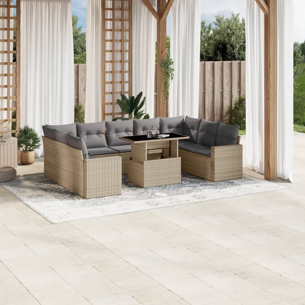 vidaXL 10-tlg. Garten-Sofagarnitur mit Kissen Beige Poly Rattan