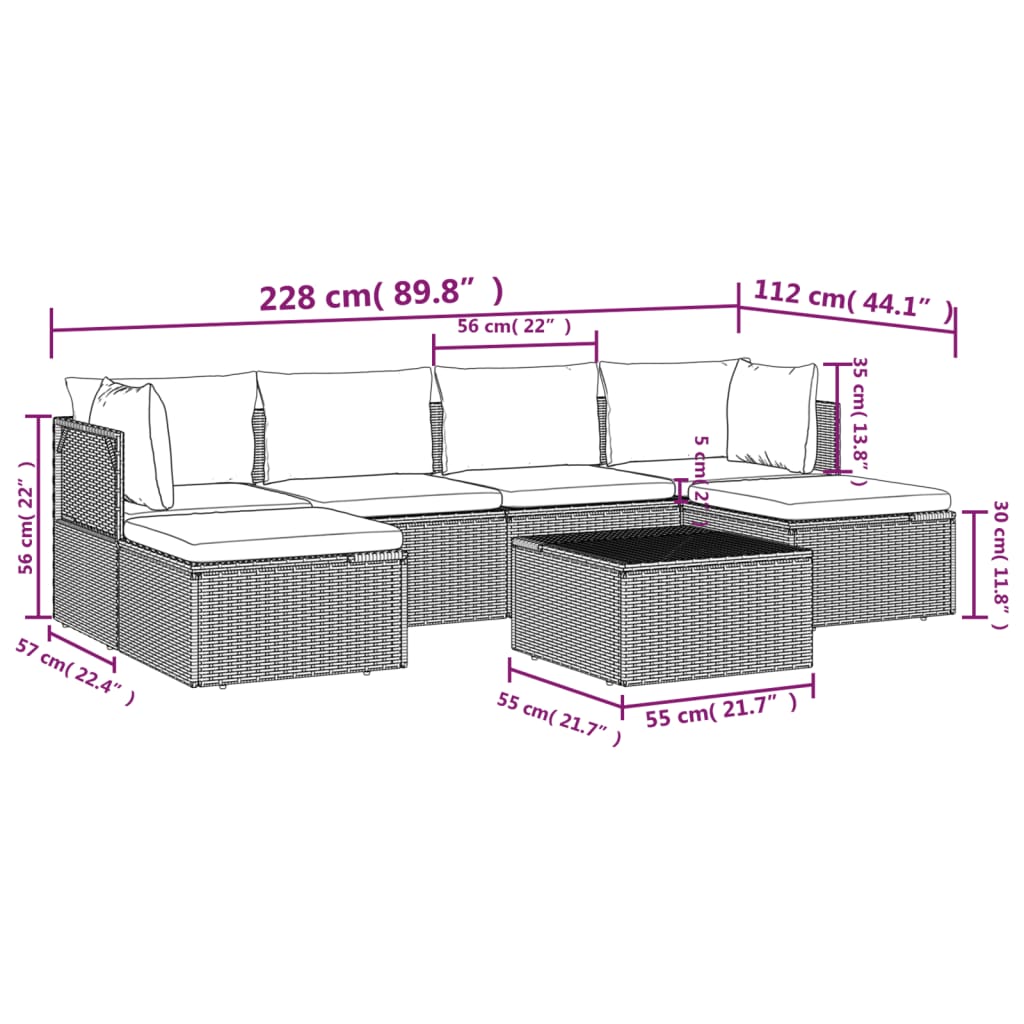 vidaXL 7-tlg. Garten-Lounge-Set mit Kissen Grau Poly Rattan