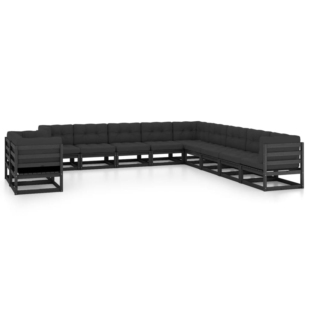 vidaXL 11-tlg. Garten-Lounge-Set mit Kissen Schwarz Kiefer Massivholz