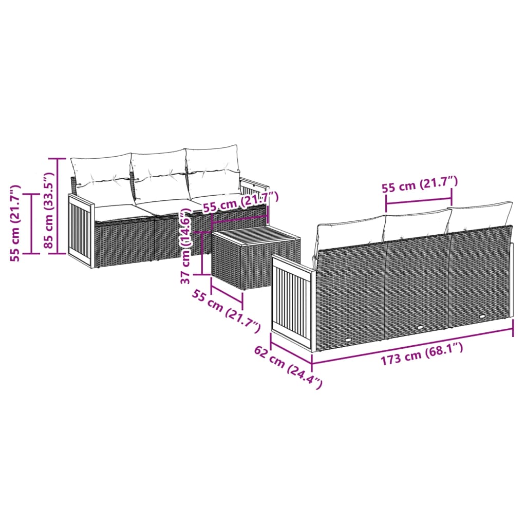 vidaXL 7-tlg. Garten-Sofagarnitur mit Kissen Schwarz Poly Rattan