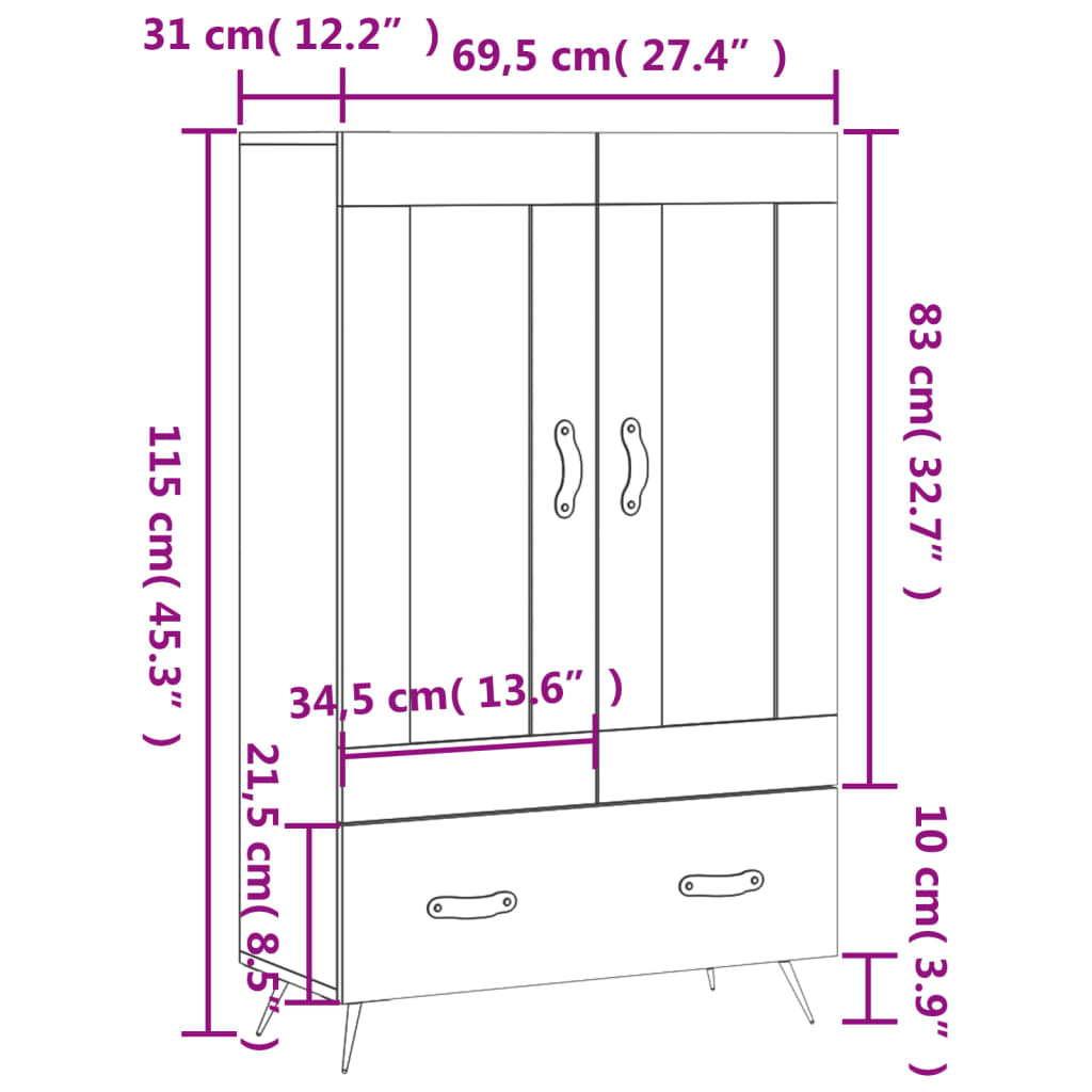 vidaXL Highboard Schwarz 69,5x31x115 cm Holzwerkstoff