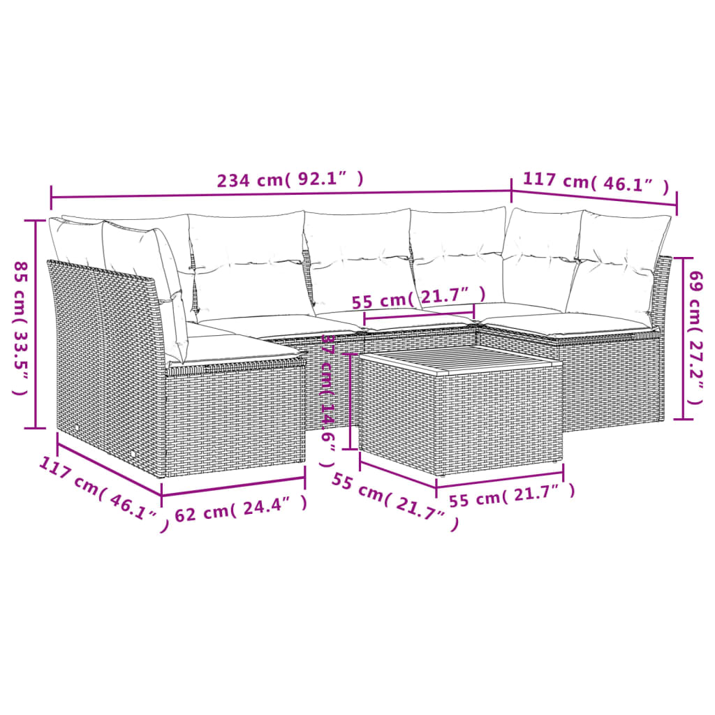 vidaXL 7-tlg. Garten-Sofagarnitur mit Kissen Beige Poly Rattan