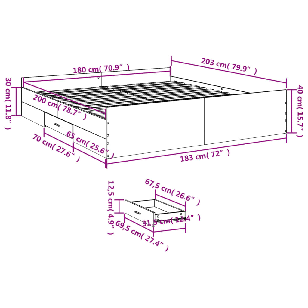 vidaXL Bettgestell mit Schubladen Betongrau 180x200 cm Holzwerkstoff