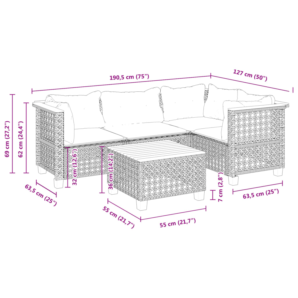 vidaXL 5-tlg. Garten-Sofagarnitur mit Kissen Schwarz Poly Rattan