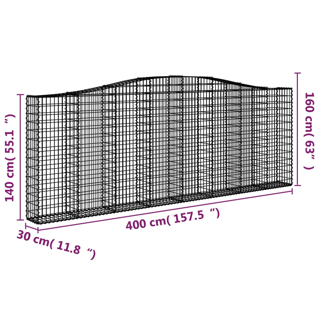 vidaXL Gabionen mit Hochbogen 2 Stk. 400x30x140/160cm Verzinktes Eisen