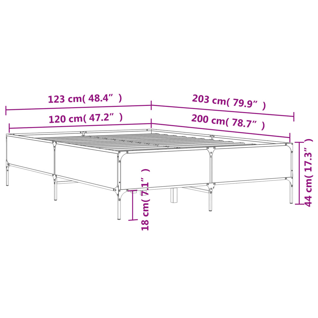 vidaXL Bettgestell Räuchereiche 120x200 cm Holzwerkstoff und Metall