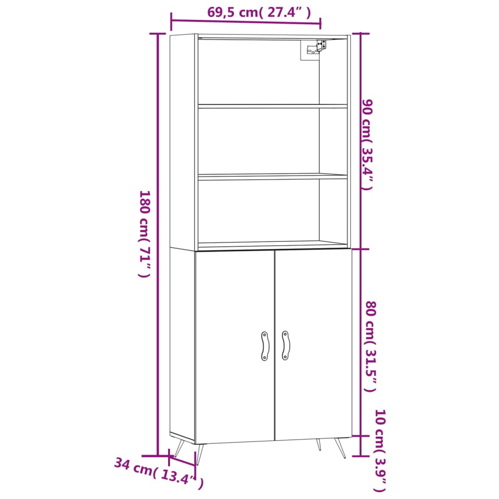 vidaXL Highboard Betongrau 69,5x34x180 cm Holzwerkstoff