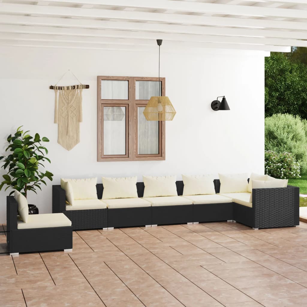 vidaXL 7-tlg. Garten-Lounge-Set mit Kissen Poly Rattan Schwarz