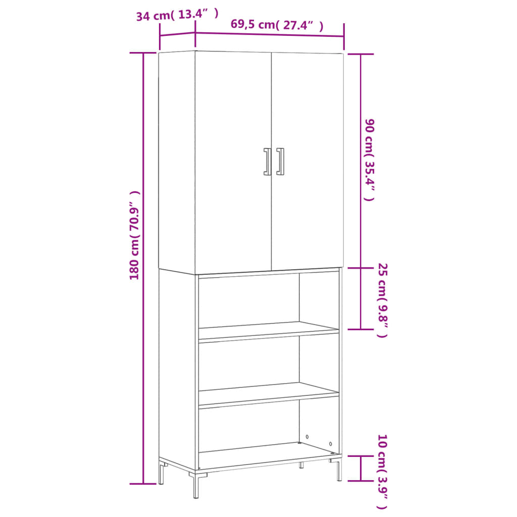 vidaXL Highboard Betongrau 69,5x34x180 cm Holzwerkstoff