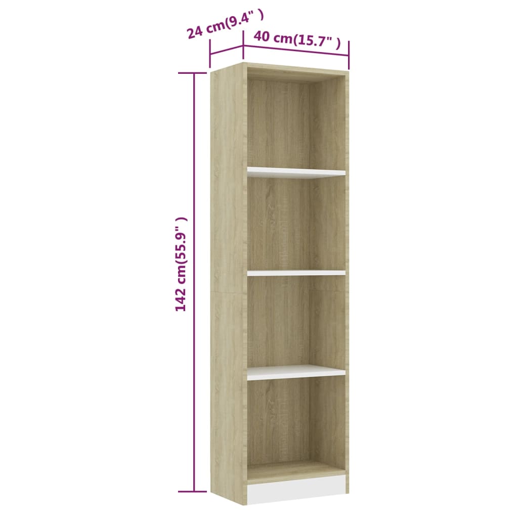 vidaXL Bücherregal 4 Fächer Weiß Sonoma-Eiche 40x24x142 Holzwerkstoff