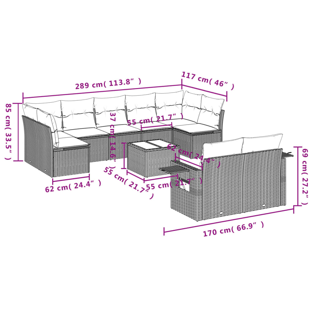 vidaXL 10-tlg. Garten-Sofagarnitur mit Kissen Schwarz Poly Rattan