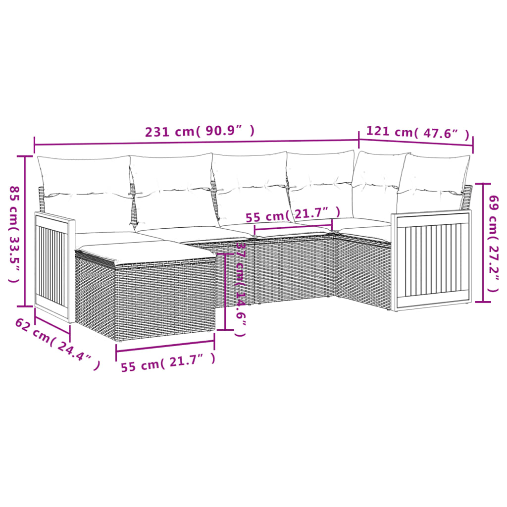 vidaXL 6-tlg. Garten-Sofagarnitur mit Kissen Schwarz Poly Rattan