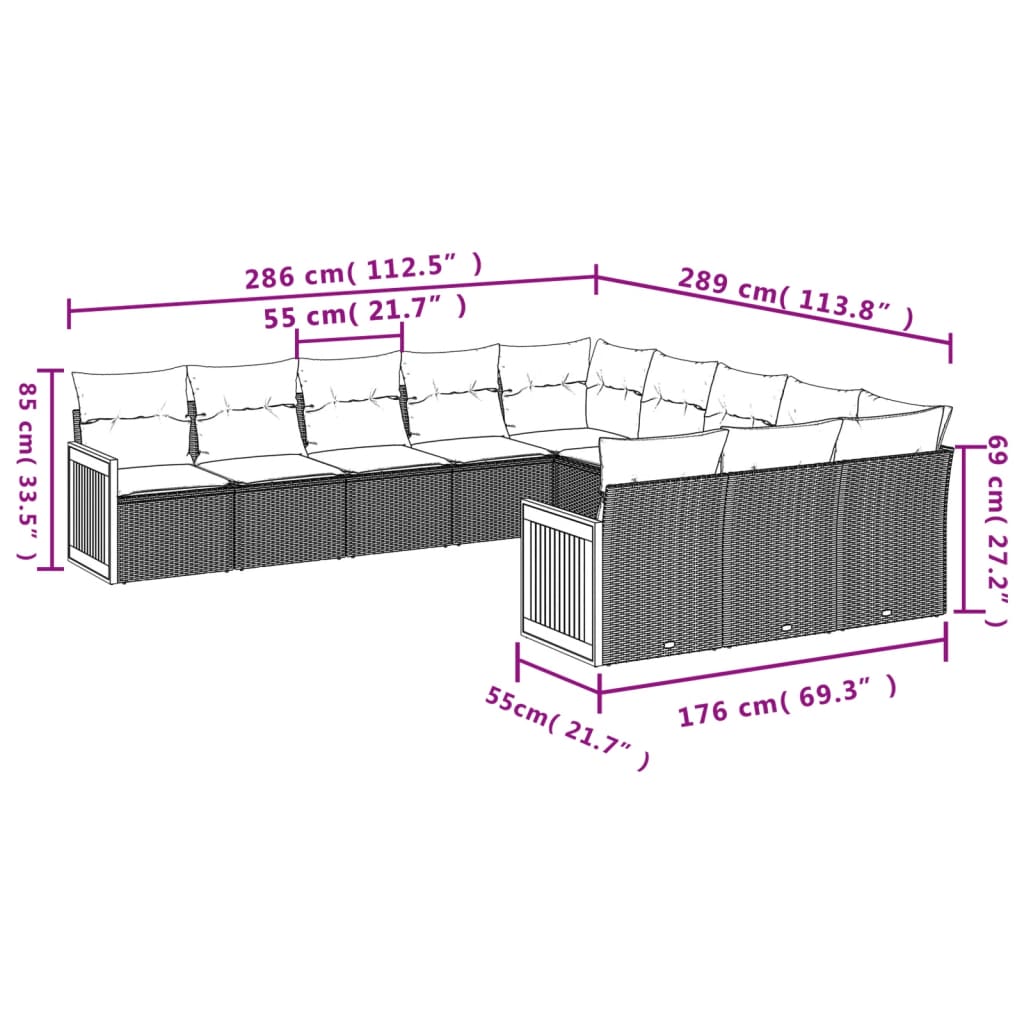 vidaXL 11-tlg. Garten-Sofagarnitur mit Kissen Schwarz Poly Rattan