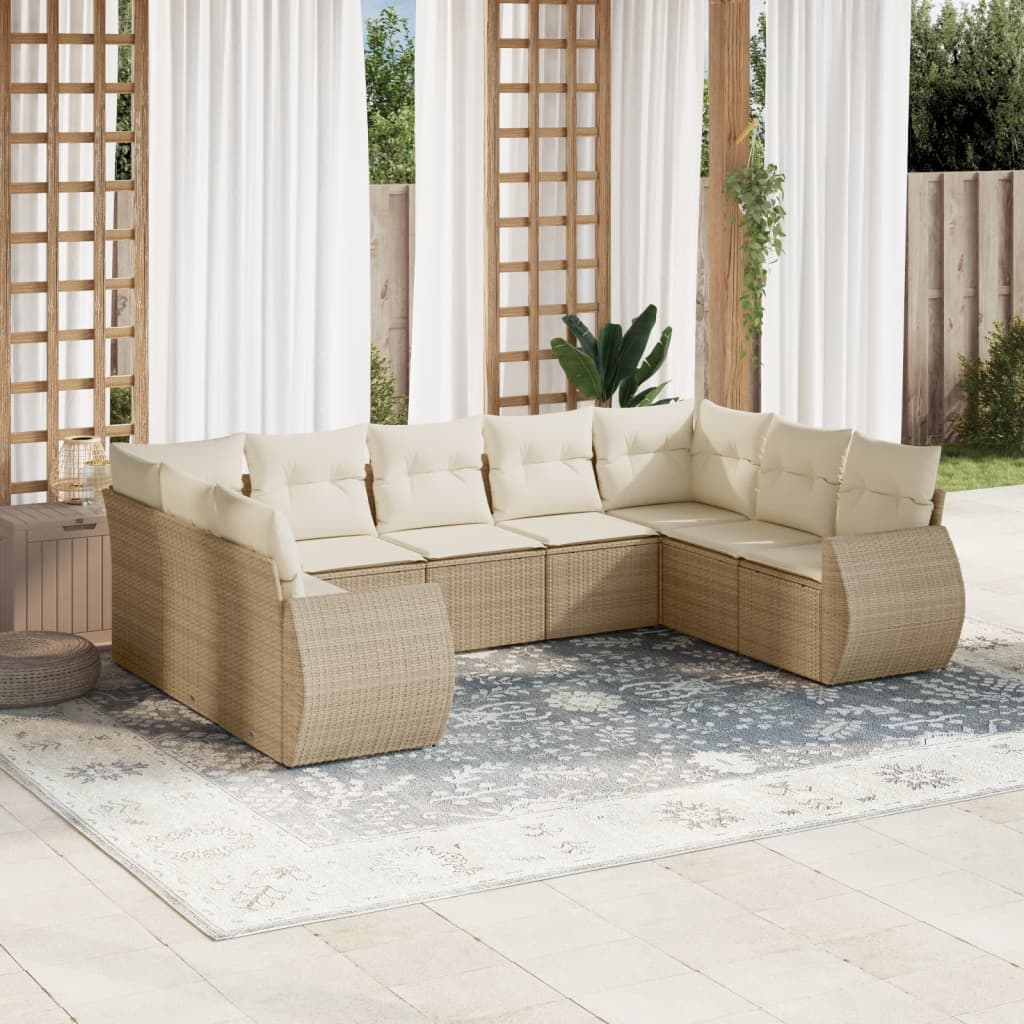 vidaXL 9-tlg. Garten-Sofagarnitur mit Kissen Beige Poly Rattan