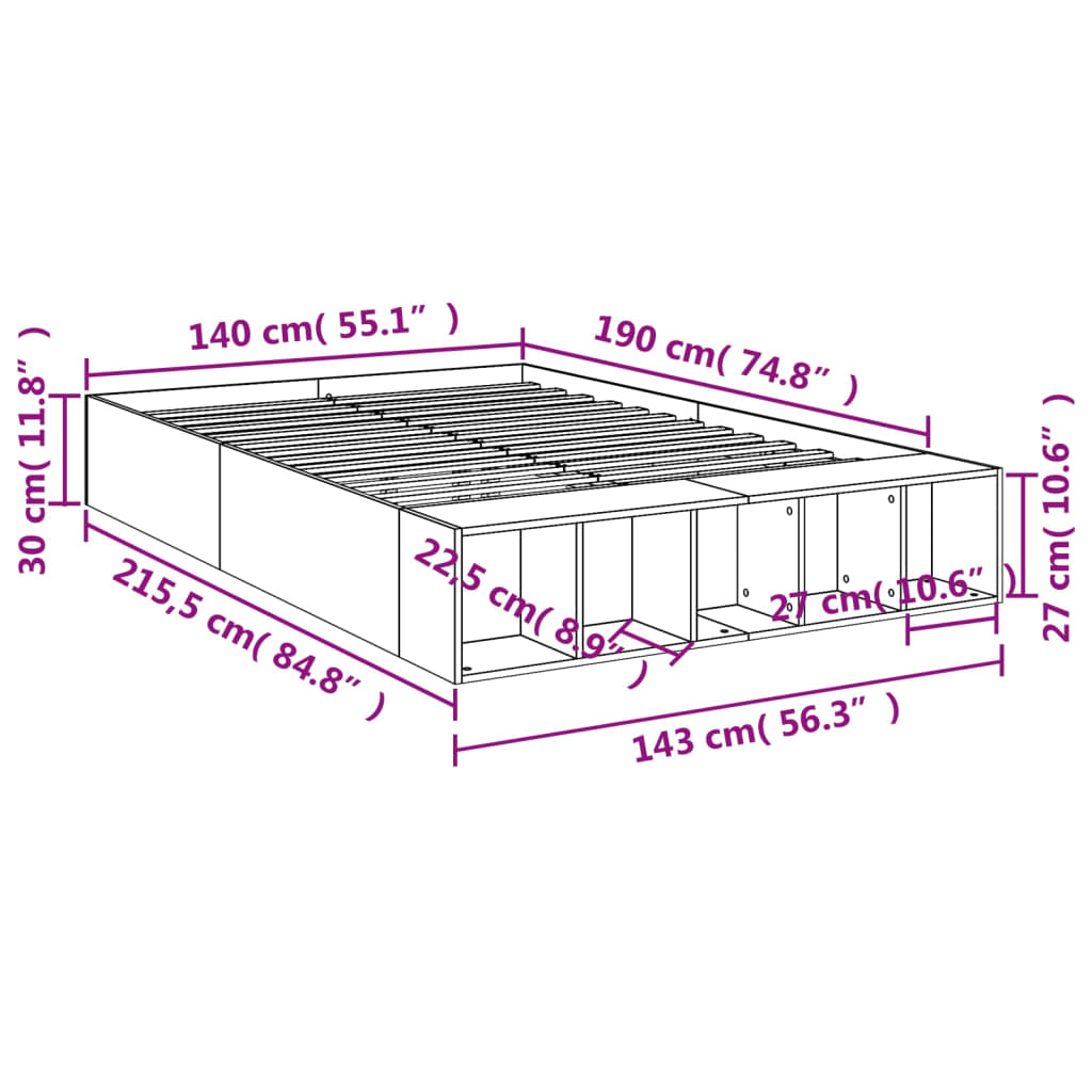 vidaXL Bettgestell Grau Sonoma 140x190 cm Holzwerkstoff