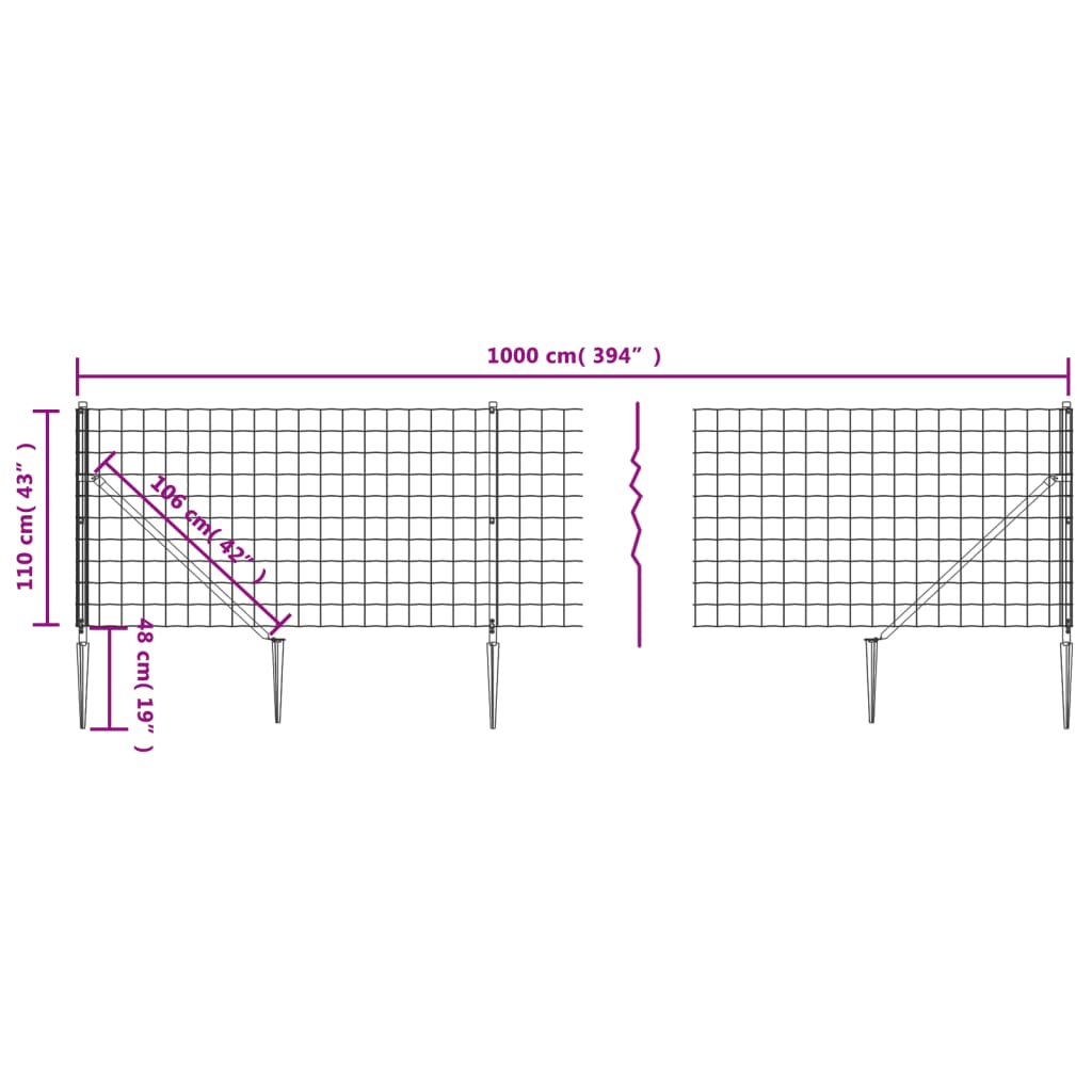 vidaXL Maschendrahtzaun mit Bodenhülsen Anthrazit 1,1x10 m