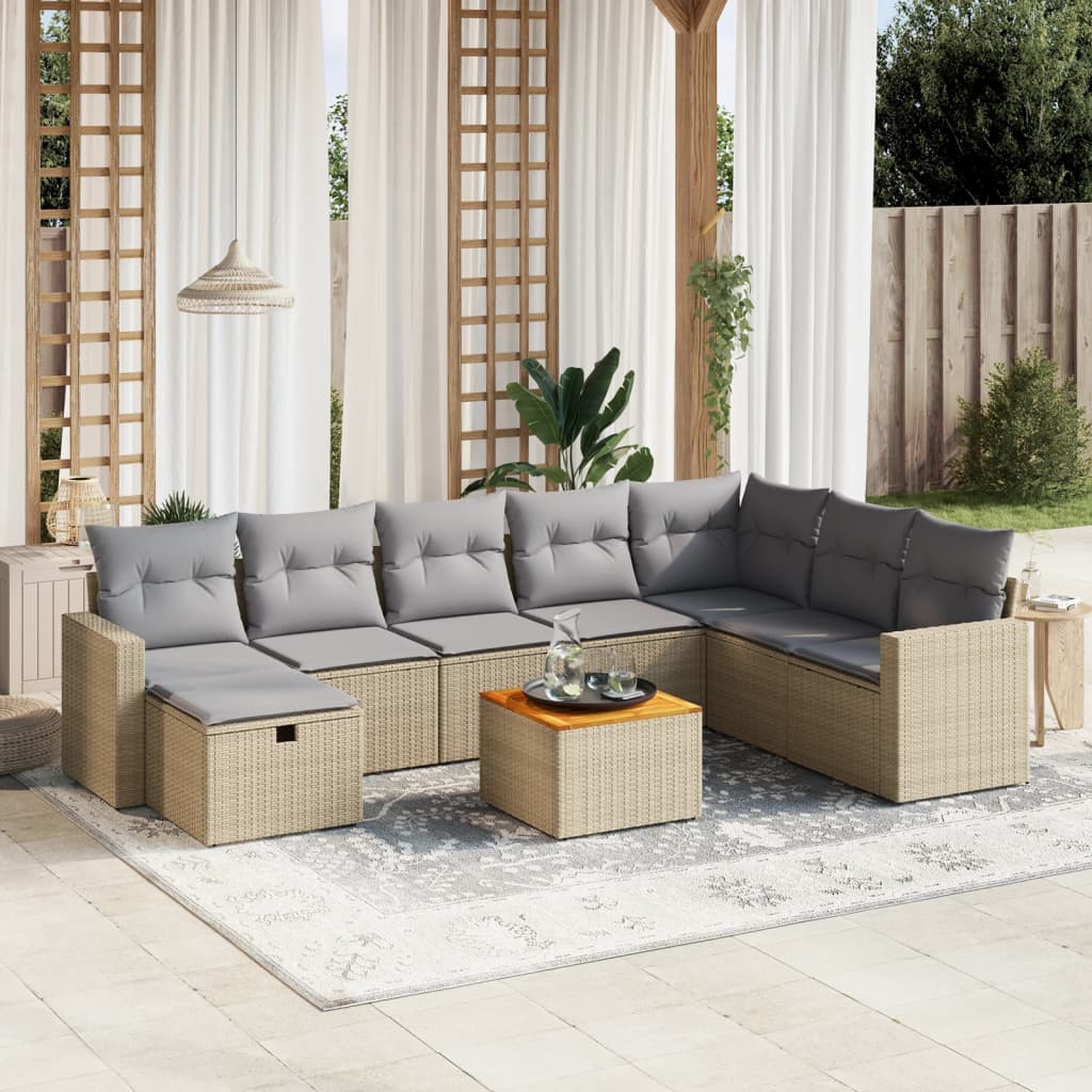 vidaXL 9-tlg. Garten-Sofagarnitur mit Kissen Beige Poly Rattan