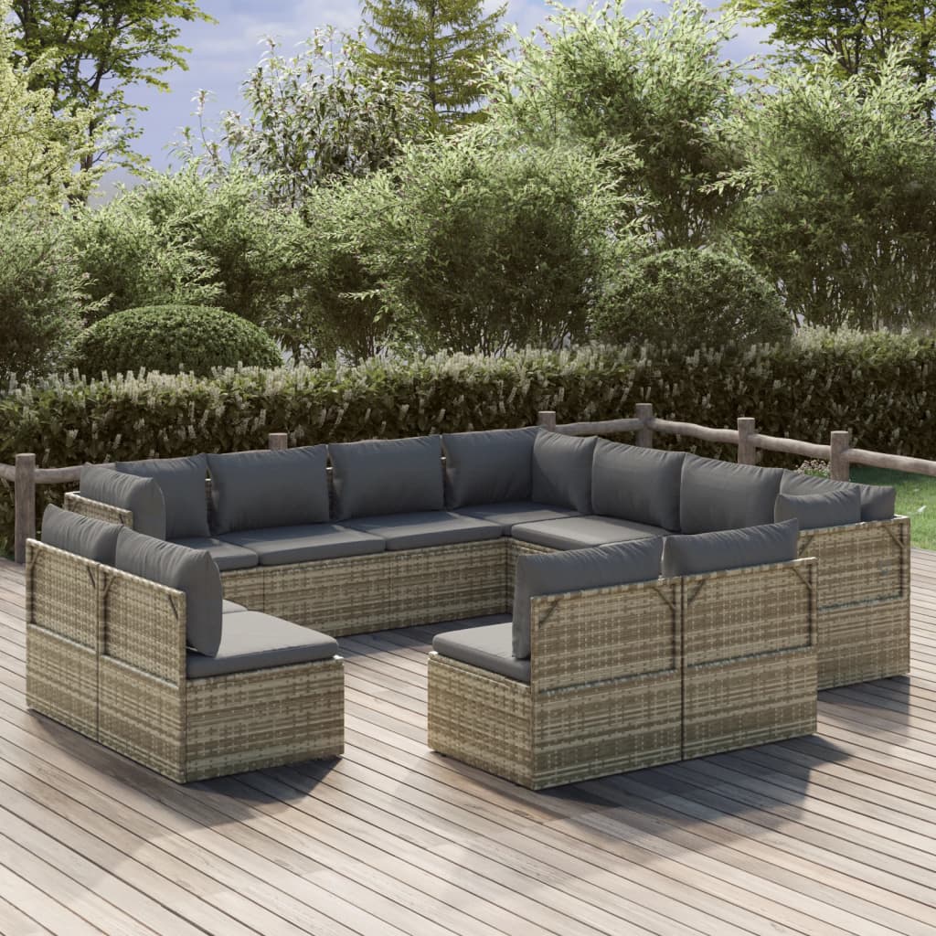 vidaXL 11-tlg. Garten-Lounge-Set mit Kissen Grau Poly Rattan