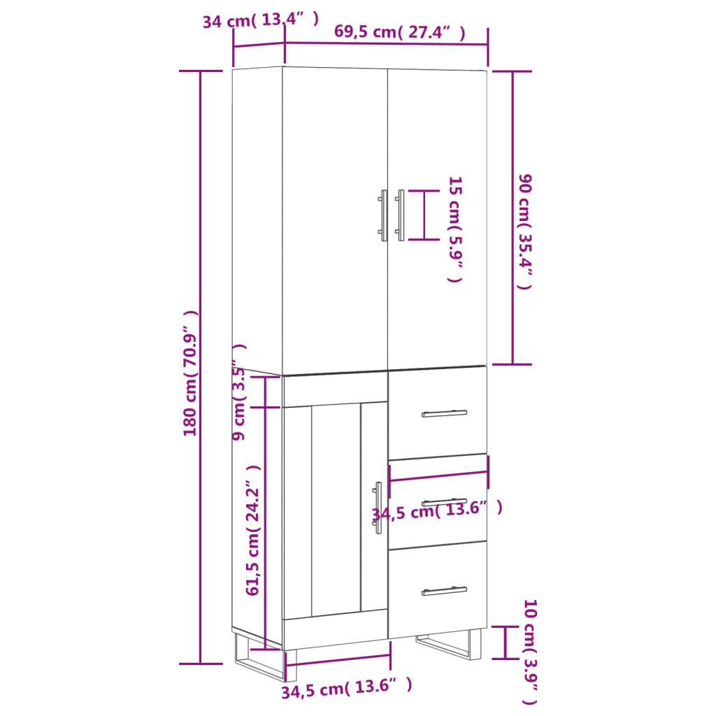 vidaXL Highboard Weiß 69,5x34x180 cm Holzwerkstoff