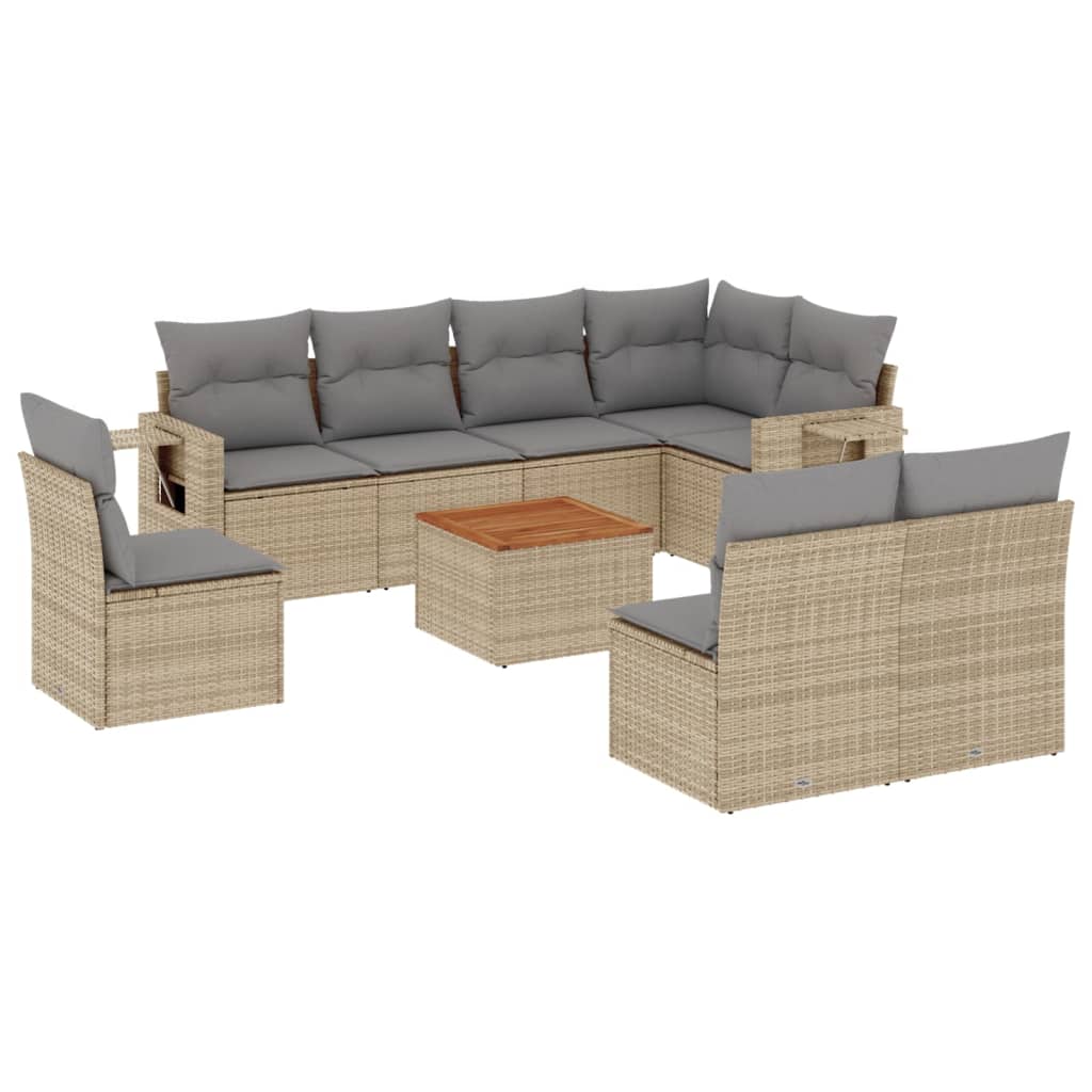 vidaXL 9-tlg. Garten-Sofagarnitur mit Kissen Beige Poly Rattan