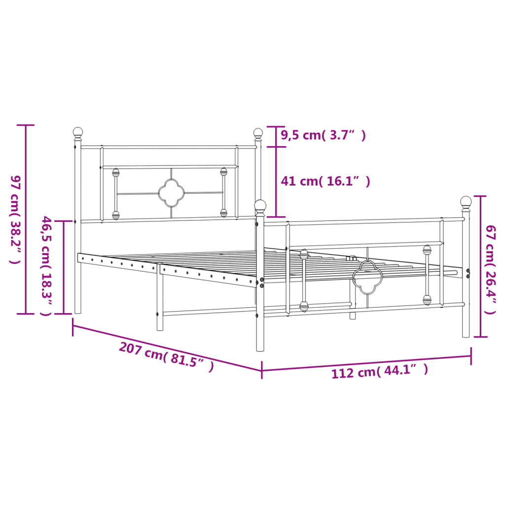 vidaXL Bettgestell mit Kopf- und Fußteil Metall Weiß 107x203 cm