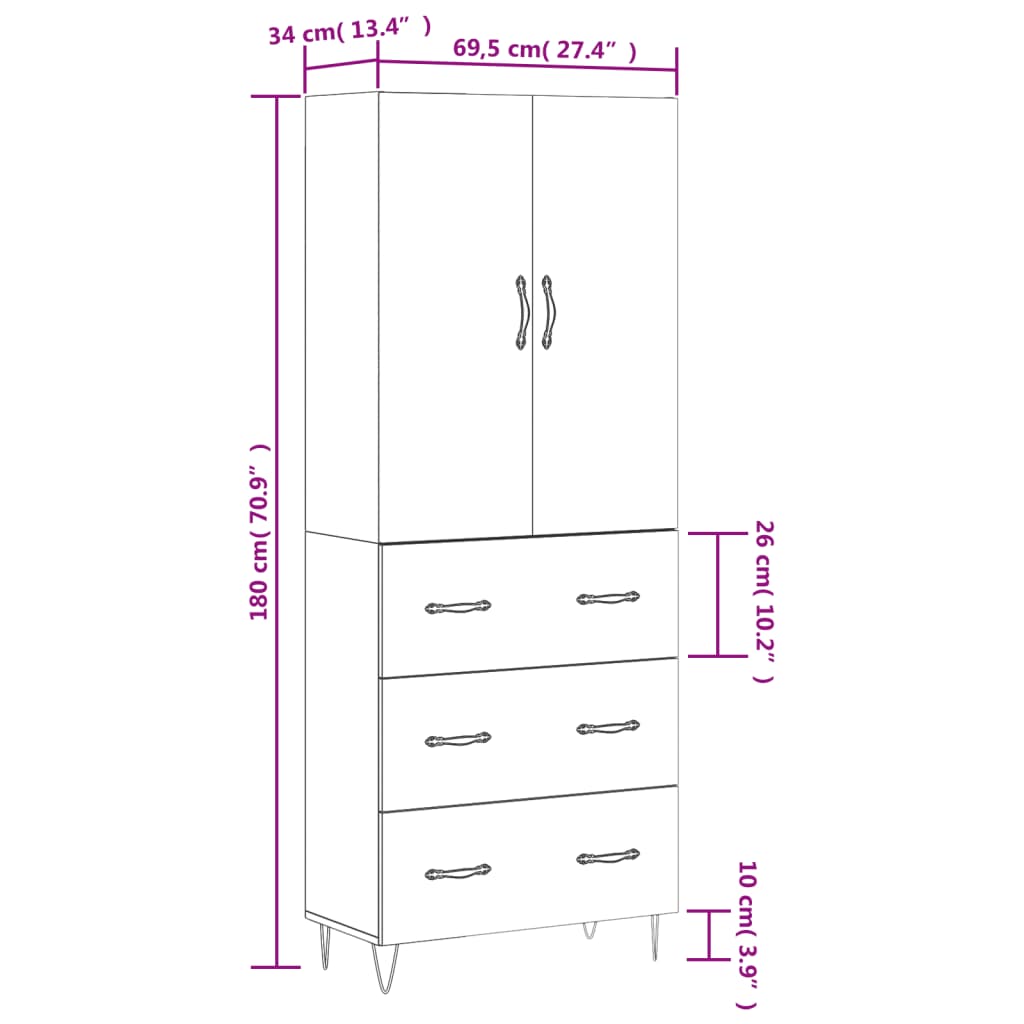 vidaXL Highboard Braun Eichen-Optik 69,5x34x180 cm Holzwerkstoff