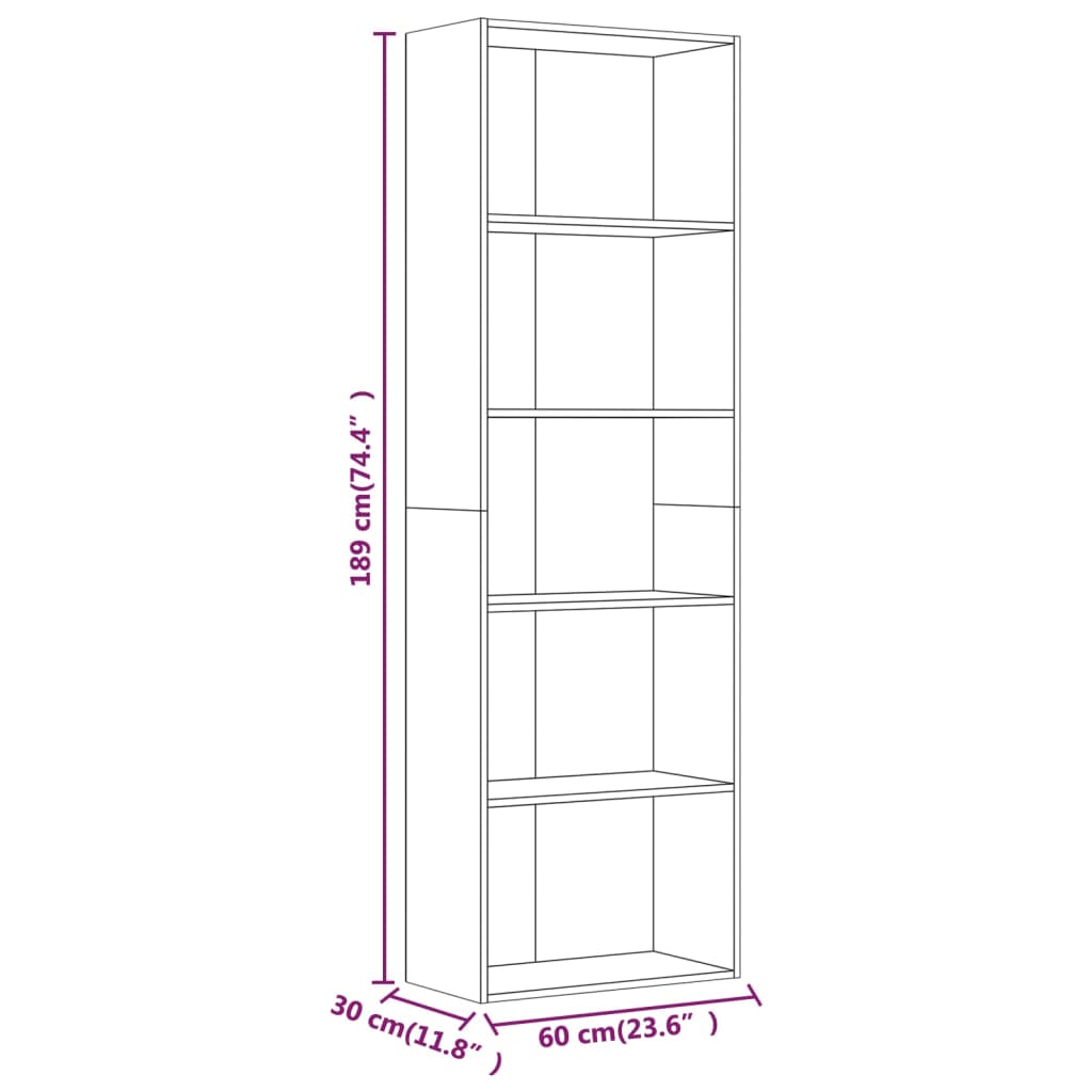 vidaXL Bücherregal 5 Fächer Räuchereiche 60x30x189 cm Holzwerkstoff