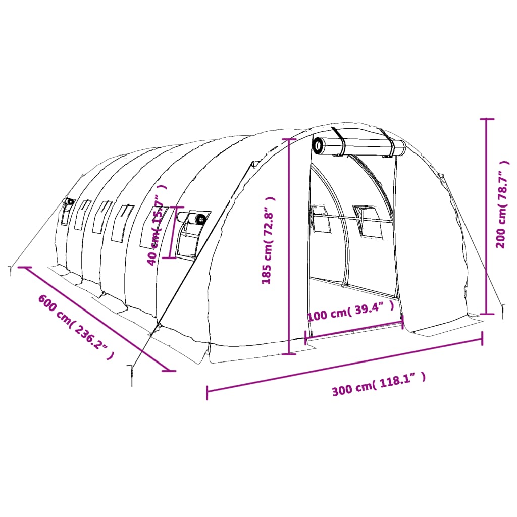 vidaXL Gewächshaus mit Stahlrahmen Weiß 18 m² 6x3x2 m