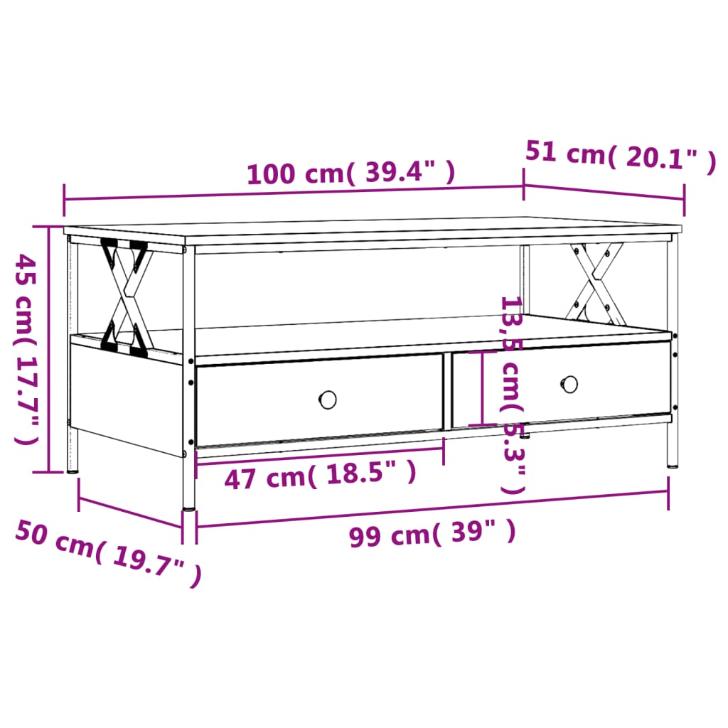 vidaXL Couchtisch Räuchereiche 100x51x45 cm Holzwerkstoff