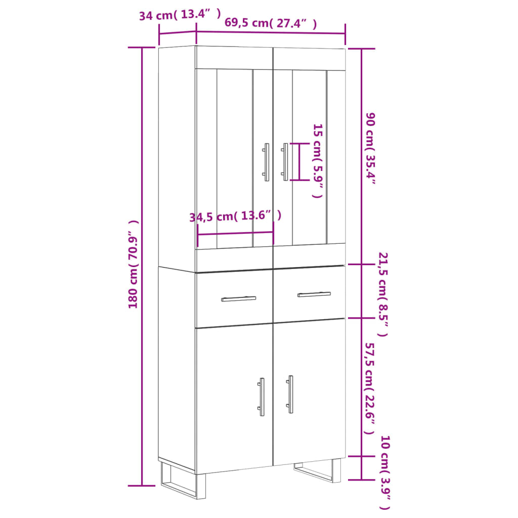 vidaXL Highboard Betongrau 69,5x34x180 cm Holzwerkstoff