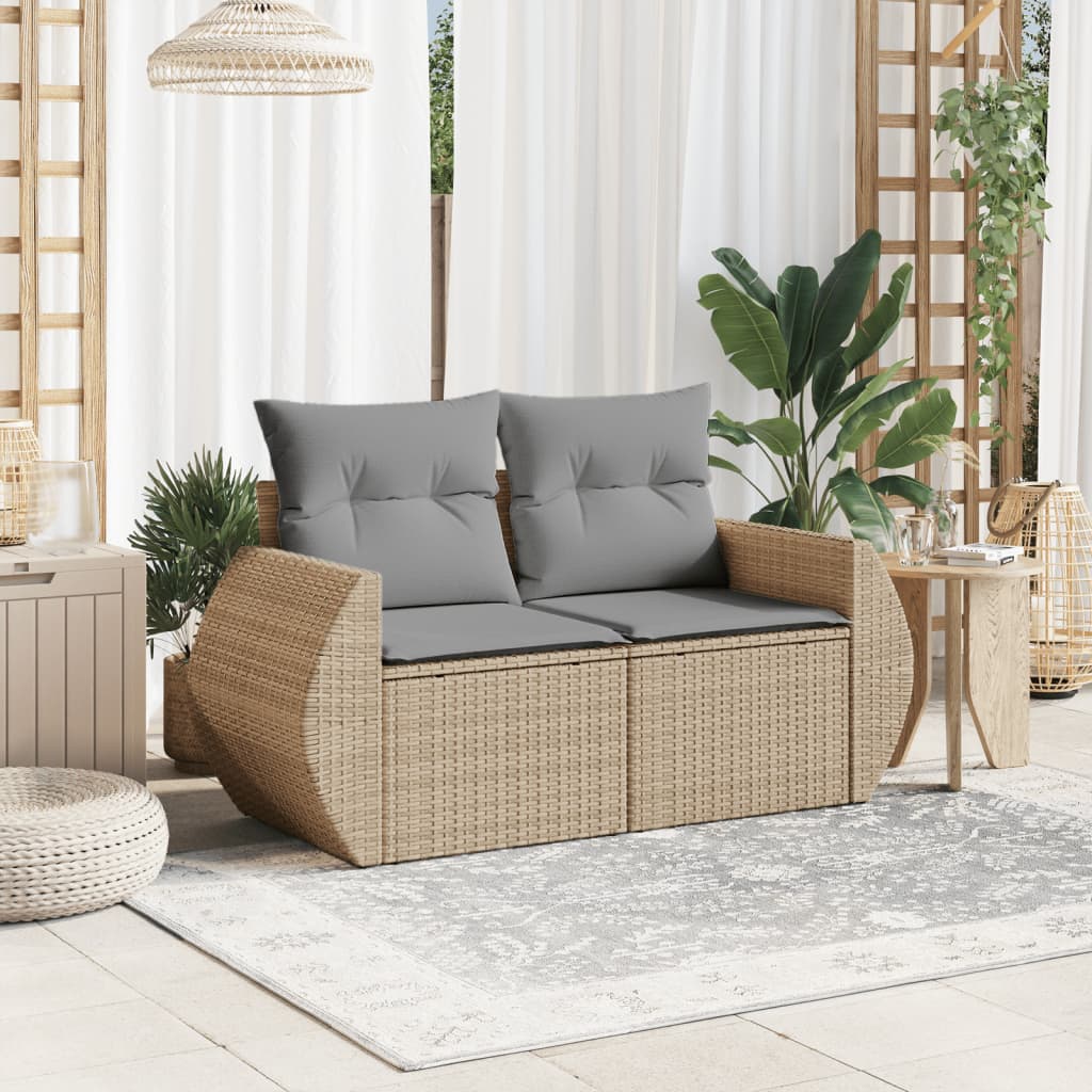 vidaXL Gartensofa mit Kissen 2-Sitzer Beige Poly Rattan