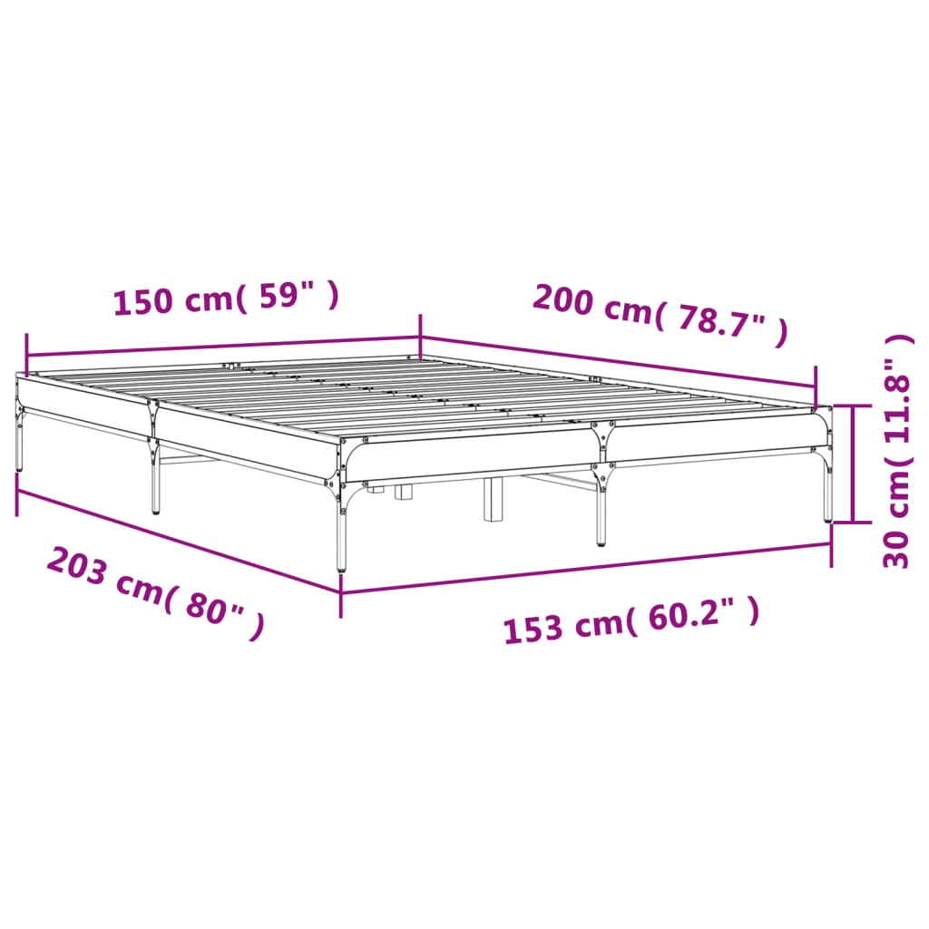 vidaXL Bettgestell Grau Sonoma 150x200 cm Holzwerkstoff und Metall