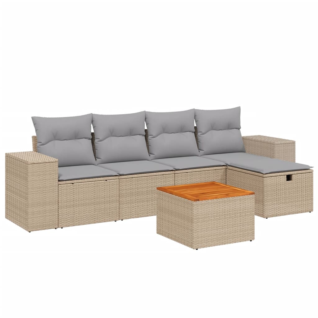 vidaXL 6-tlg. Garten-Sofagarnitur mit Kissen Beige Poly Rattan