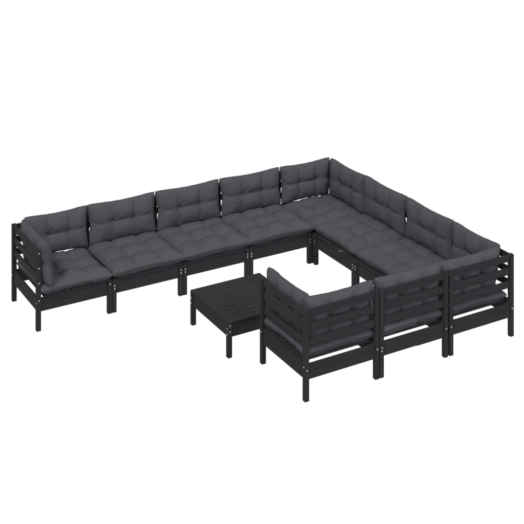 vidaXL 11-tlg. Garten-Lounge-Set mit Kissen Schwarz Kiefernholz