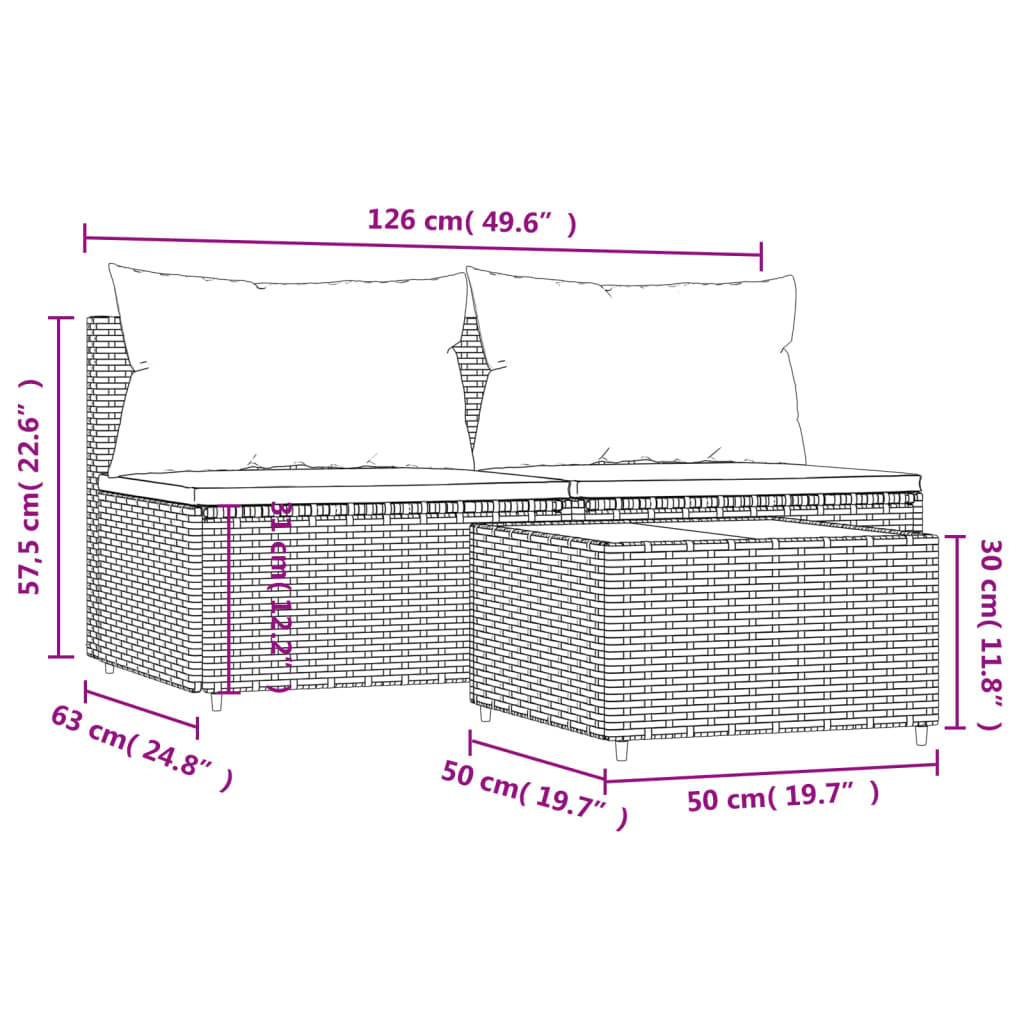 vidaXL 3-tlg. Garten-Lounge-Set mit Kissen Grau Poly Rattan