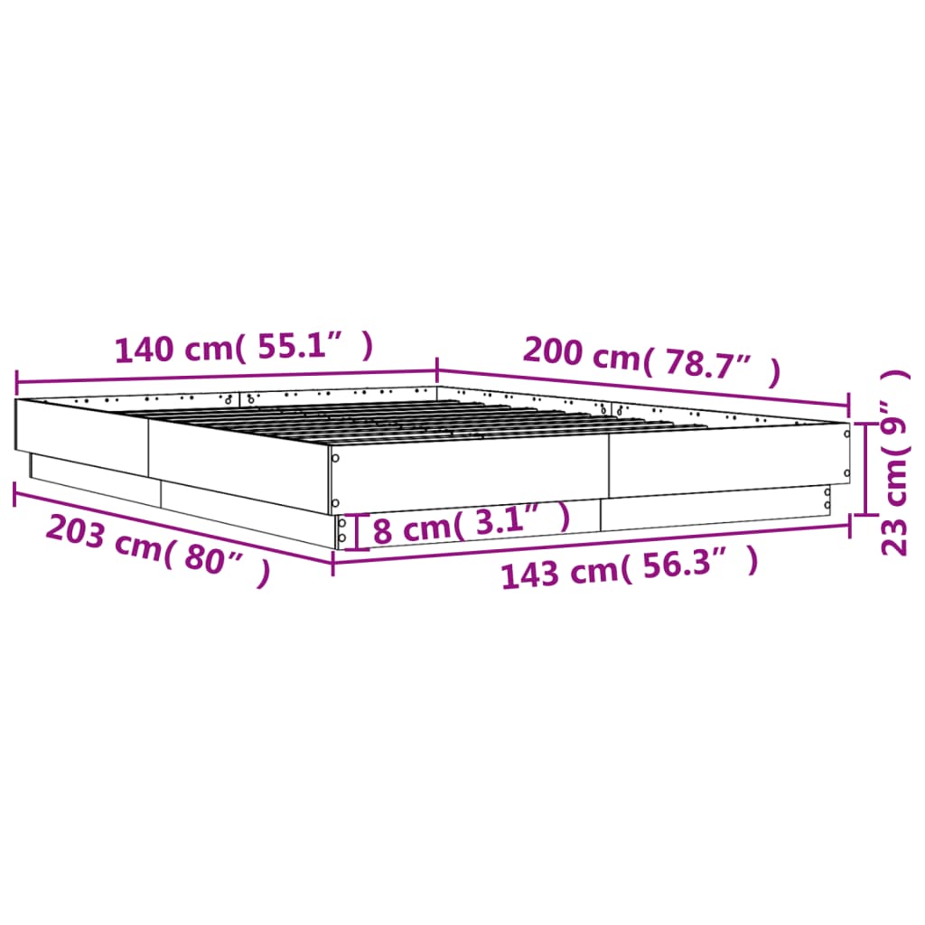 vidaXL Bettgestell mit LED Braun Eiche-Optik 140x200 cm