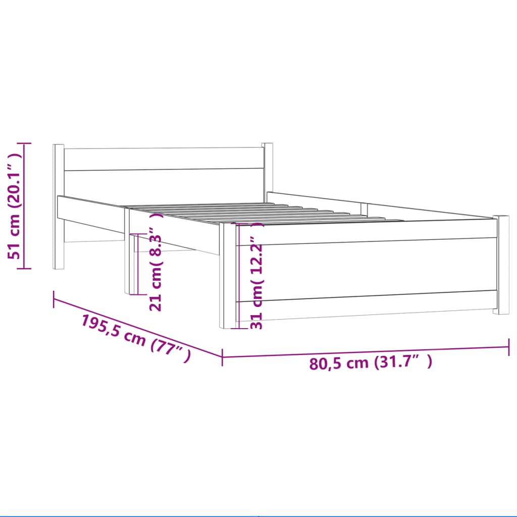 vidaXL Massivholzbett Schwarz 75x190 cm