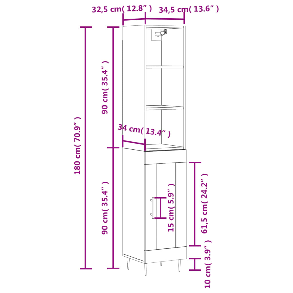 vidaXL Highboard Räuchereiche 34,5x34x180 cm Holzwerkstoff