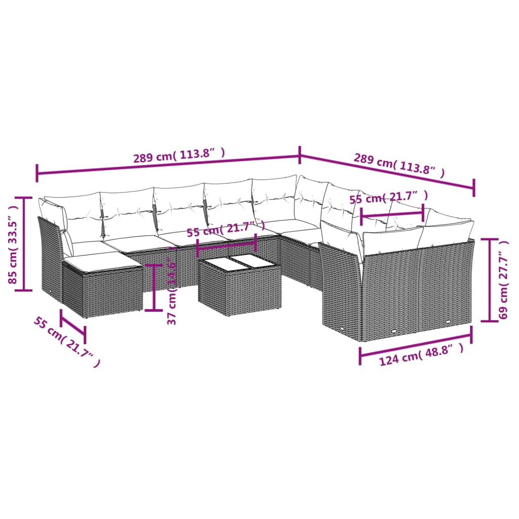 vidaXL 12-tlg. Garten-Sofagarnitur mit Kissen Hellgrau Poly Rattan