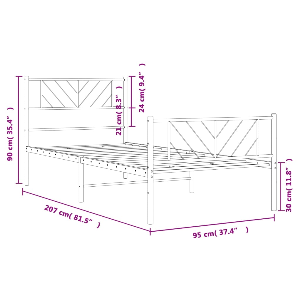 vidaXL Bettgestell mit Kopf- und Fußteil Metall Weiß 90x200 cm