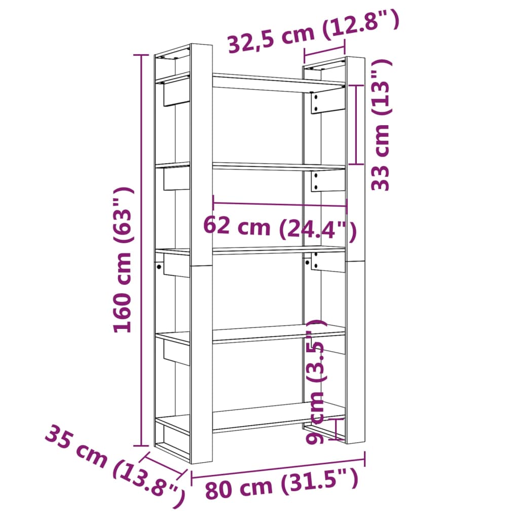 vidaXL Bücherregal/Raumteiler Grau 80x35x160 cm Massivholz