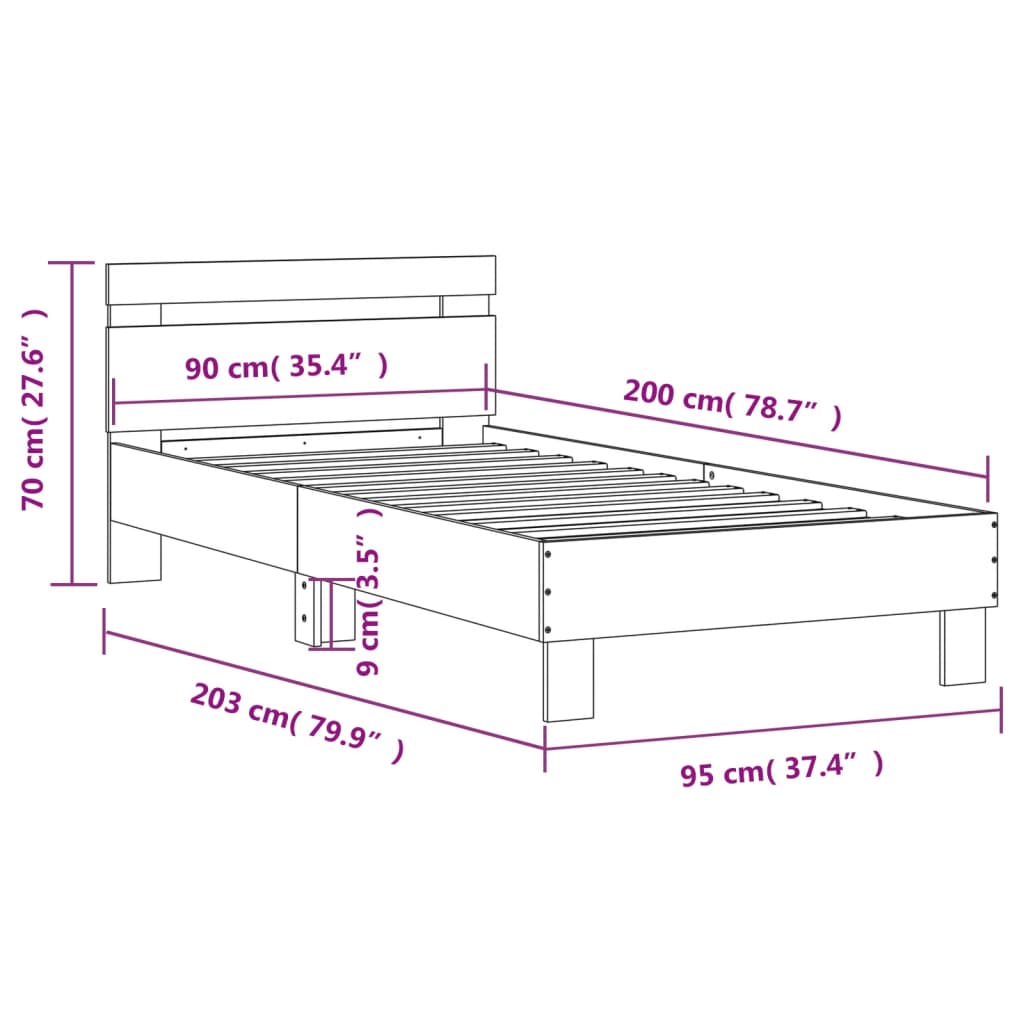 vidaXL Bettgestell mit Kopfteil und LED-Leuchten Sonoma-Eiche 90x200cm