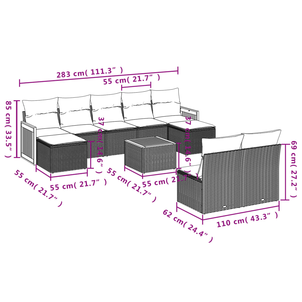 vidaXL 10-tlg. Garten-Sofagarnitur mit Kissen Beige Poly Rattan