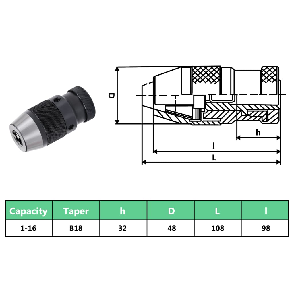 vidaXL Schnellspannbohrfutter MT3-B18 mit 16 mm Spannbereich