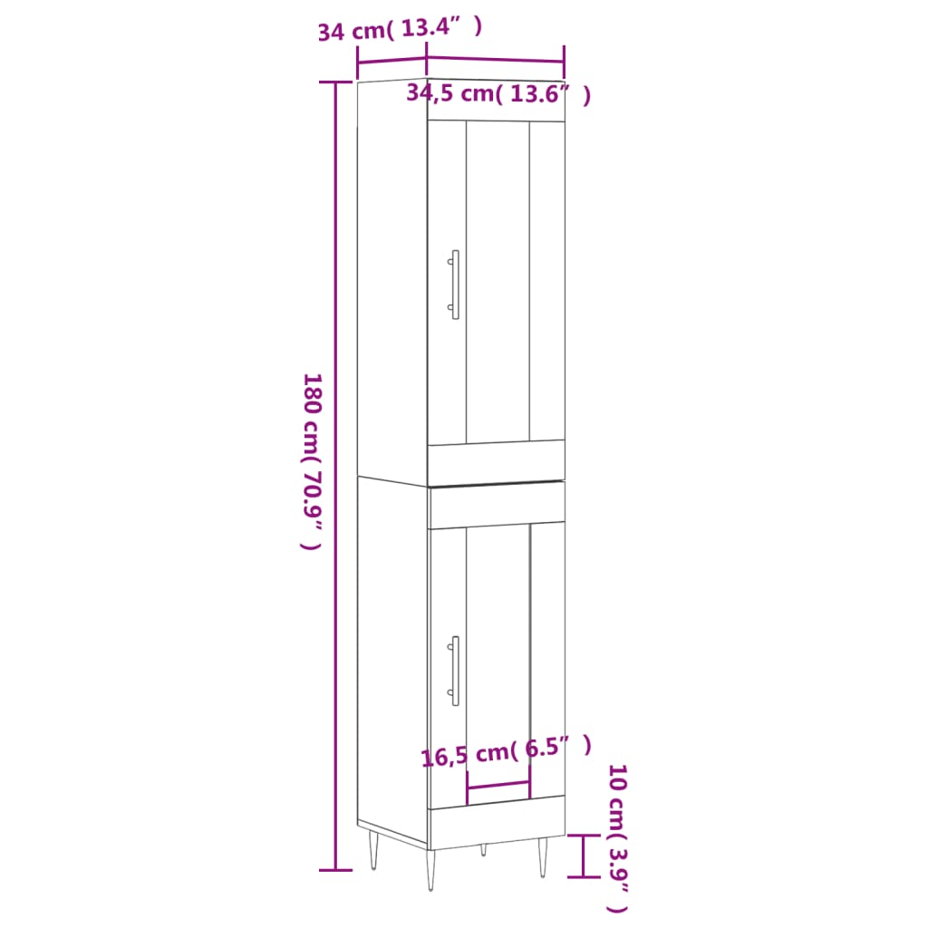 vidaXL Highboard Hochglanz-Weiß 34,5x34x180 cm Holzwerkstoff