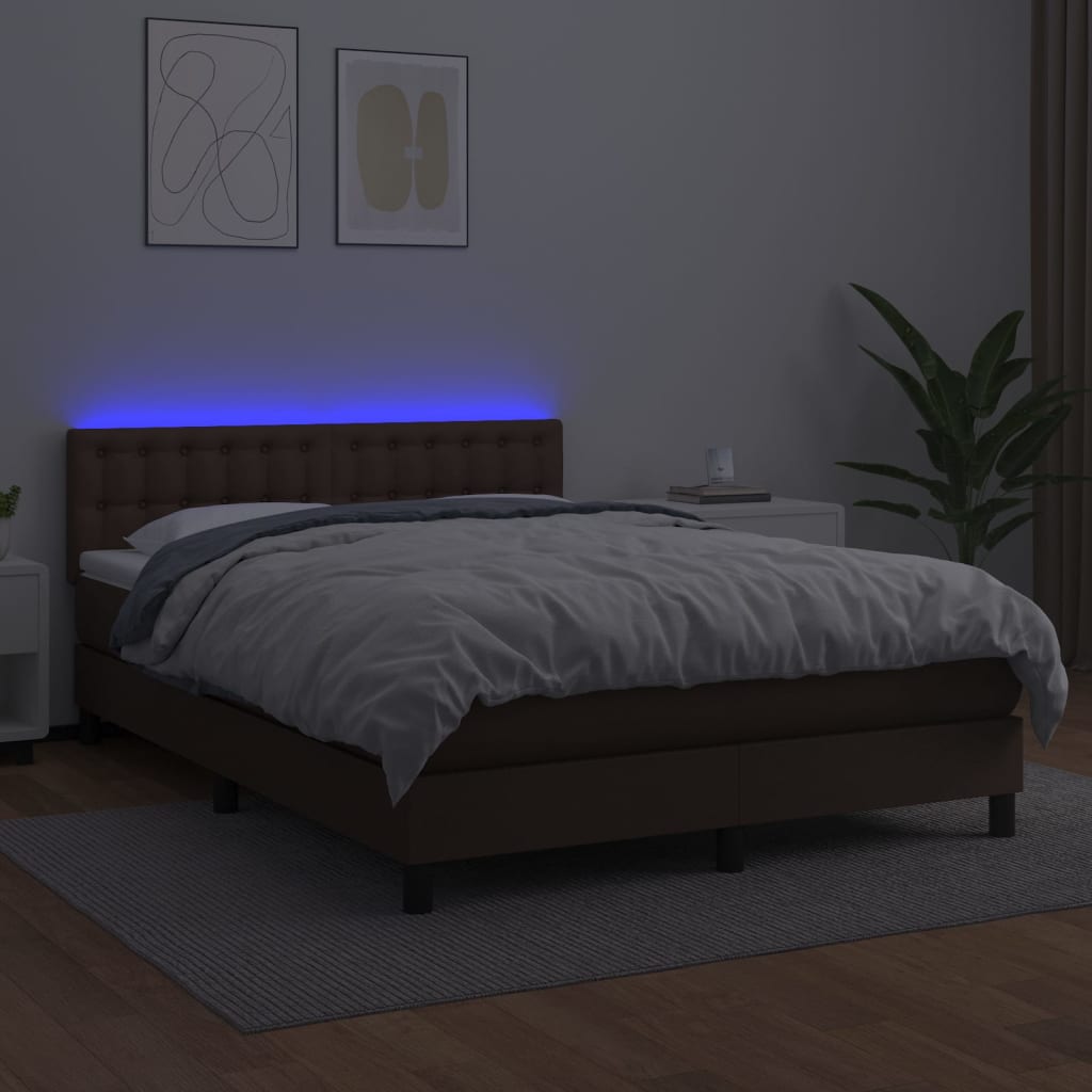 vidaXL Boxspringbett mit Matratze & LED Braun 140x200 cm Kunstleder