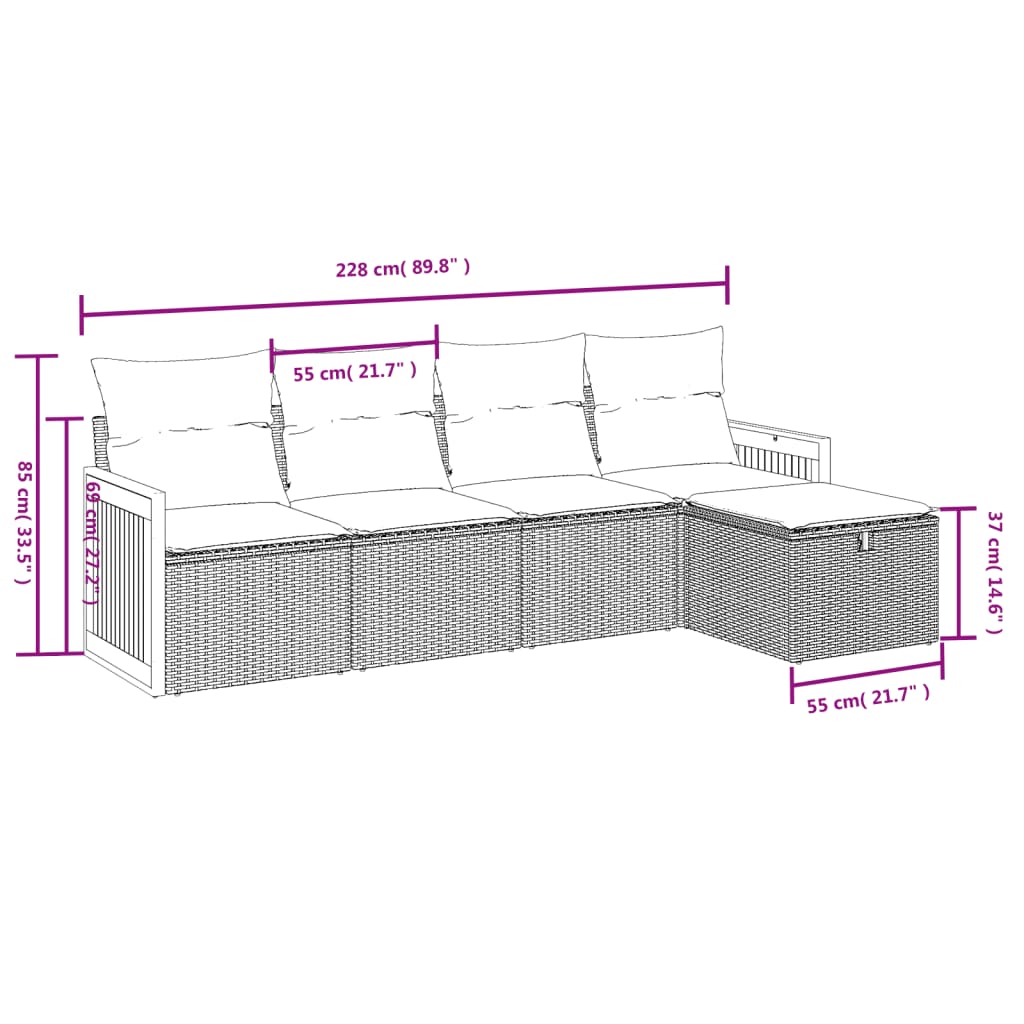 vidaXL 5-tlg. Garten-Sofagarnitur mit Kissen Schwarz Poly Rattan