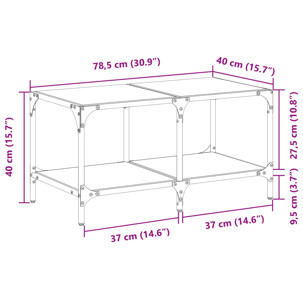 vidaXL Couchtisch mit Glasplatte Transparent 78,5x40x40 cm Stahl