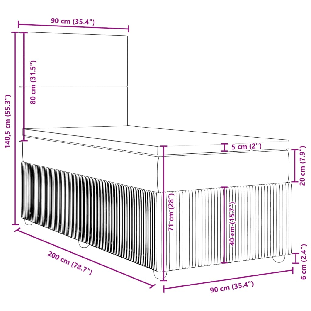 vidaXL Boxspringbett mit Matratze Hellgrau 90x200 cm Samt