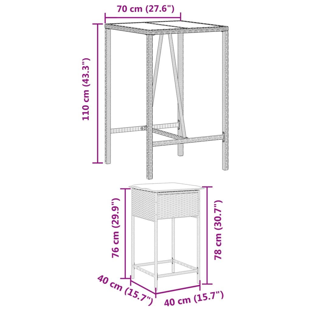 vidaXL 3-tlg. Gartenbar-Set mit Kissen Braun Poly Rattan